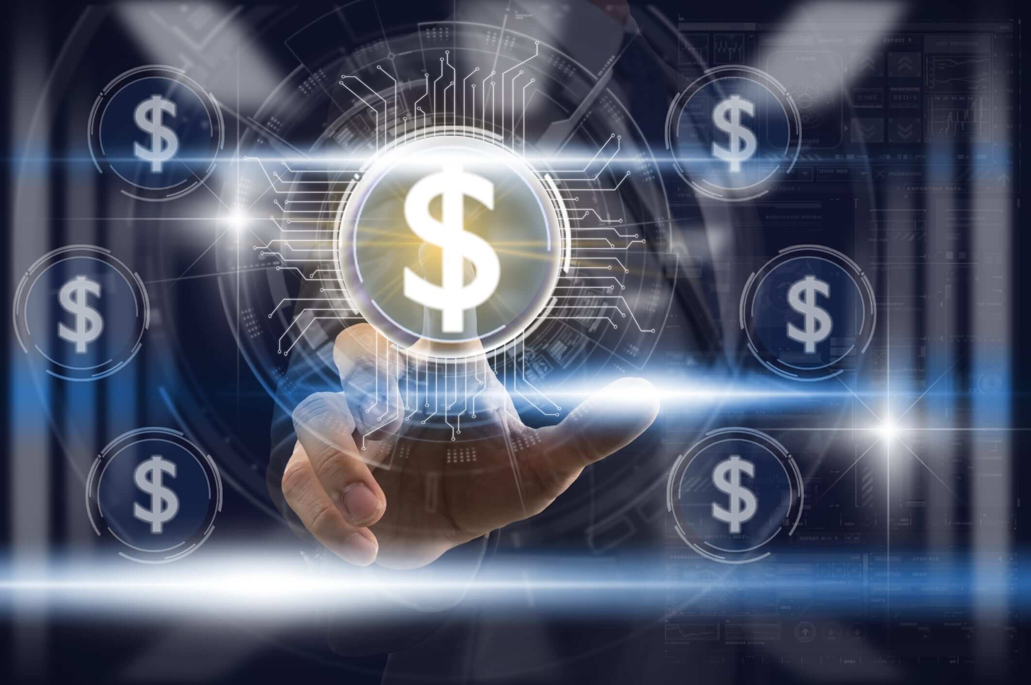 Businessman Finger touching the dollar icon over the light from blurred server room background, Fintech and AI concept