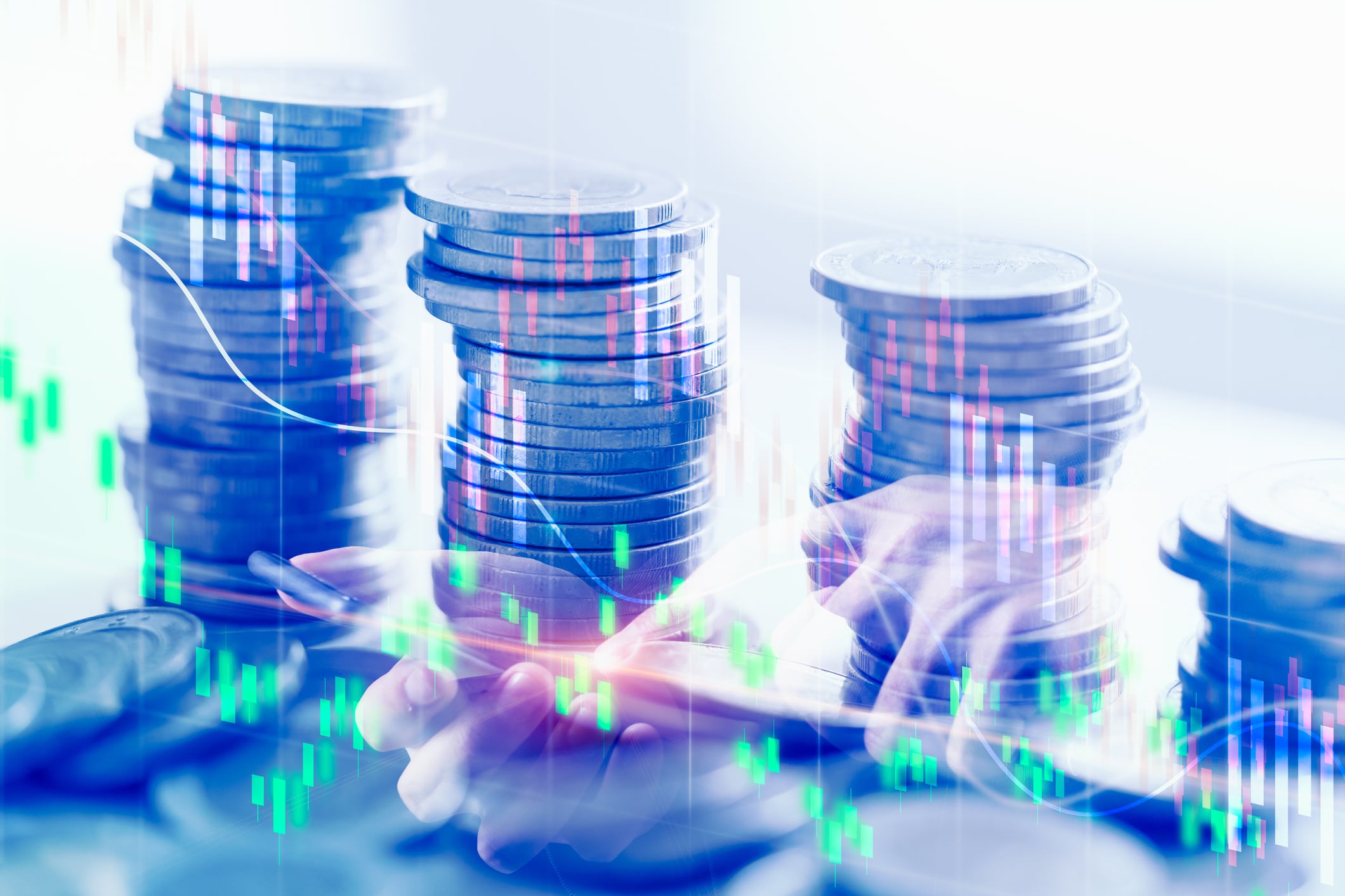 Double exposure business financial business data report and stock market concept, stock market or trading graph and coin
