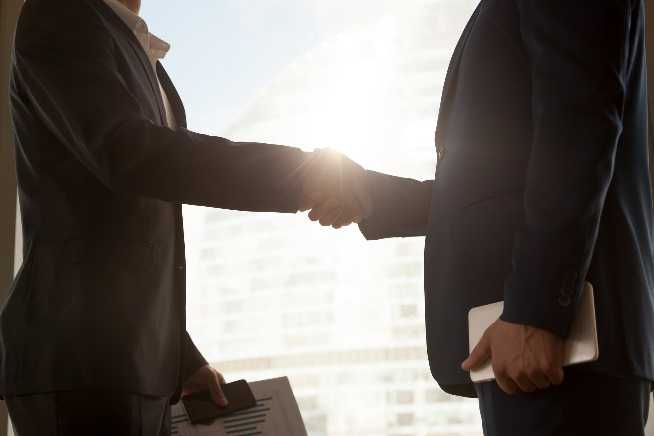 Business handshake, two businessmen shaking hands, partnership concept, close up