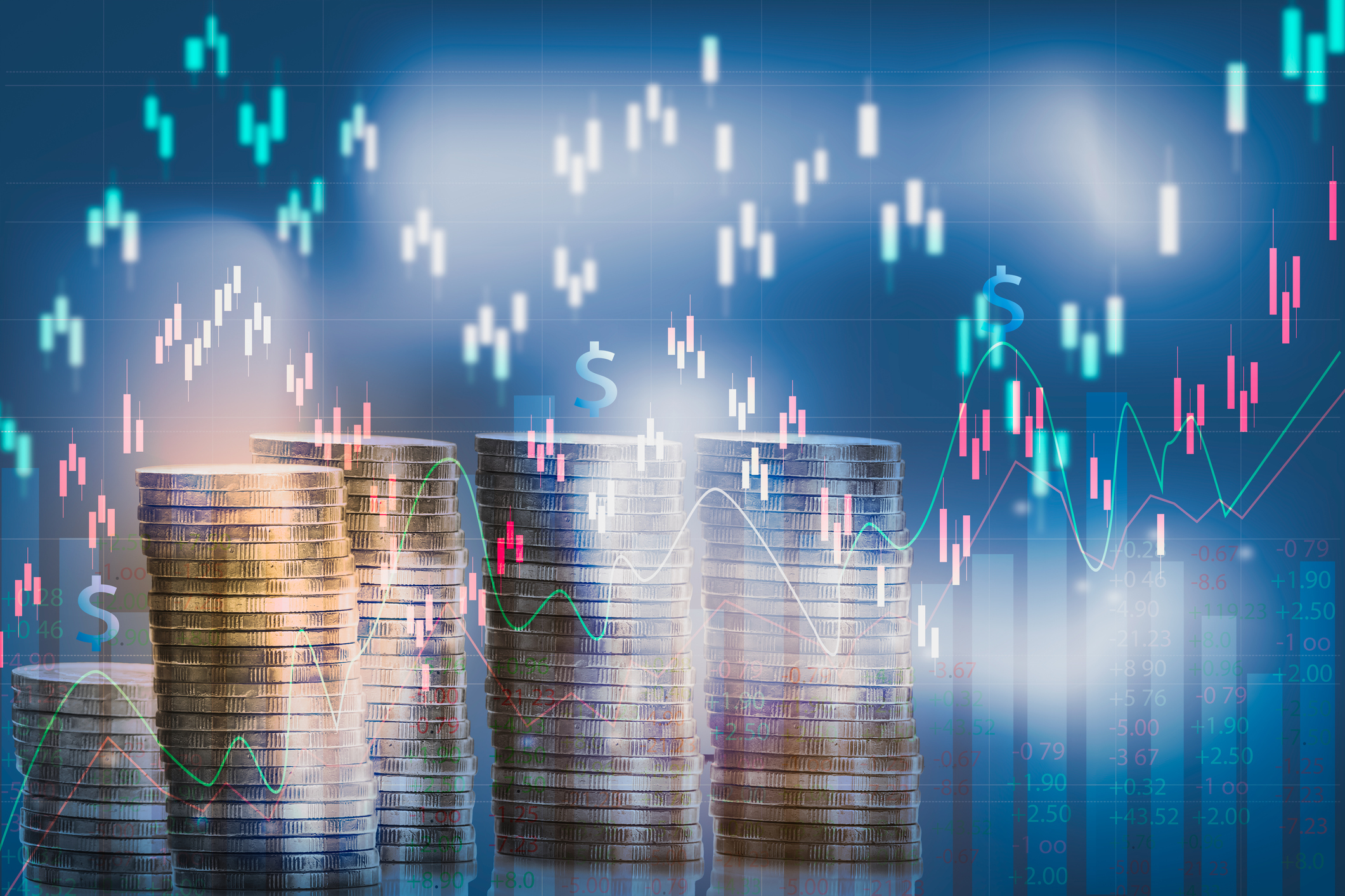 Graph on rows of coins for finance and banking on digital stock market financial exchange and Trading graph