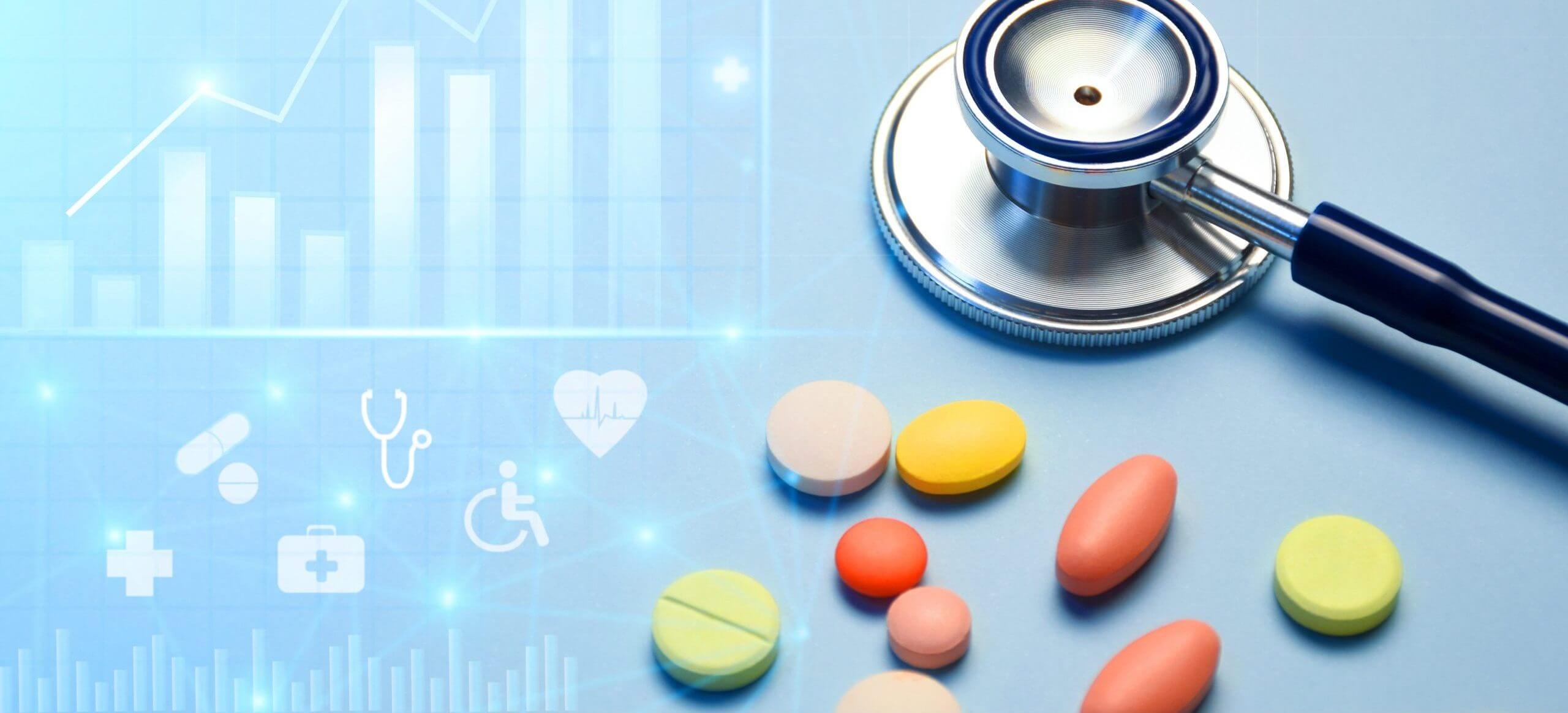 Healthcare business graph and data of medical business growth and a stethoscope with multi colored pills