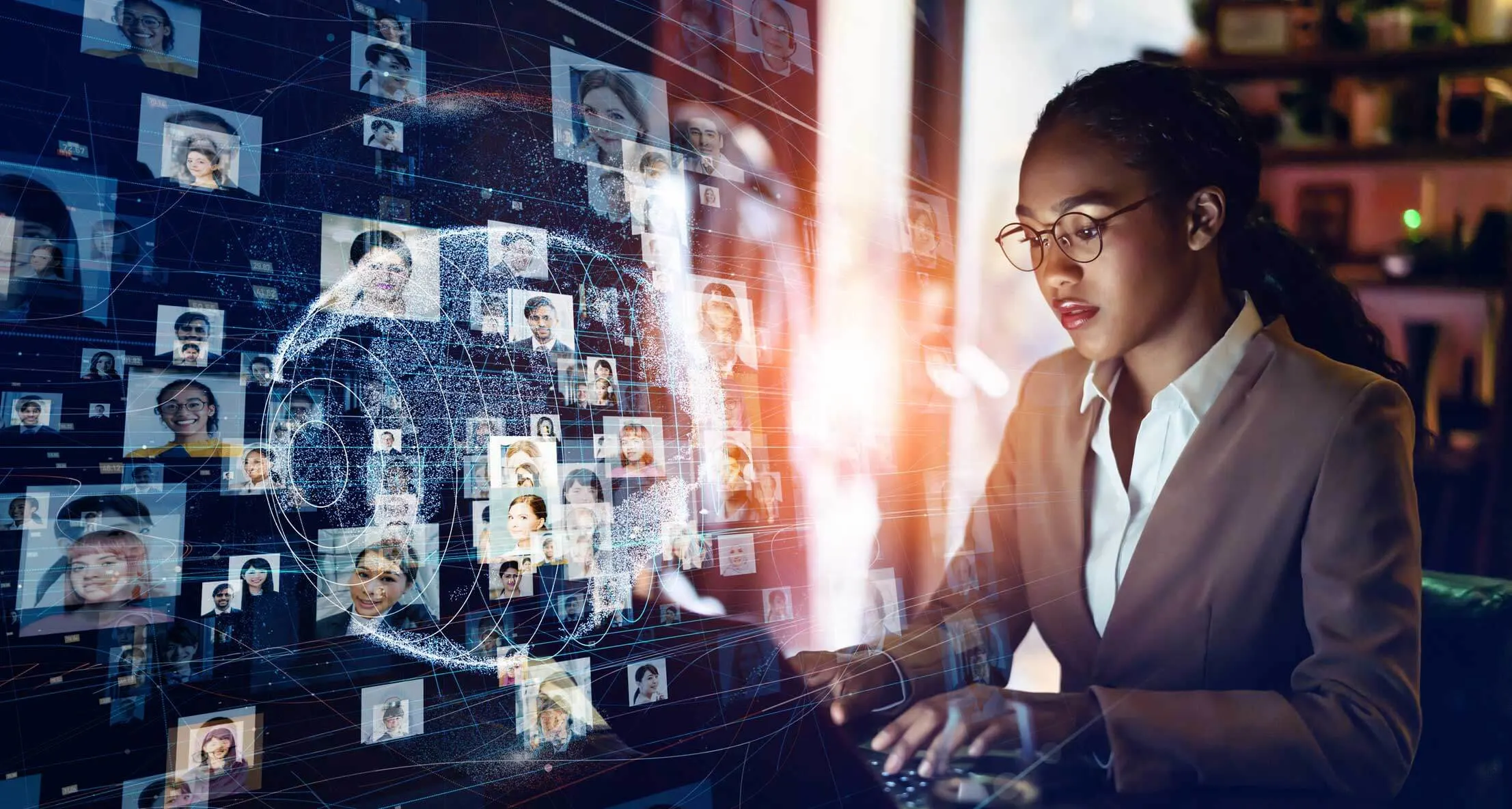 Business woman and diverse global communication network concept