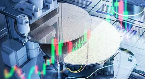Semiconductor manufacturing business with 3d rendering robotic arms with silicon wafers and bar chart and line graph