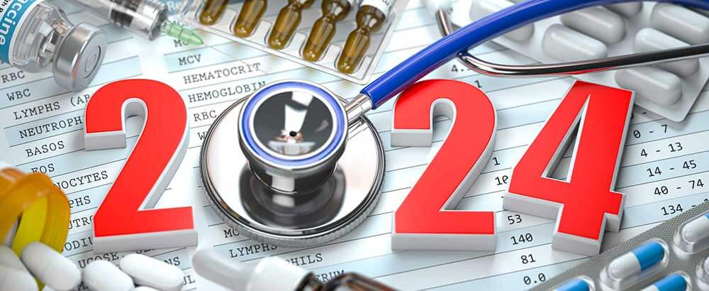 Number 2024 with stethoscope and meds