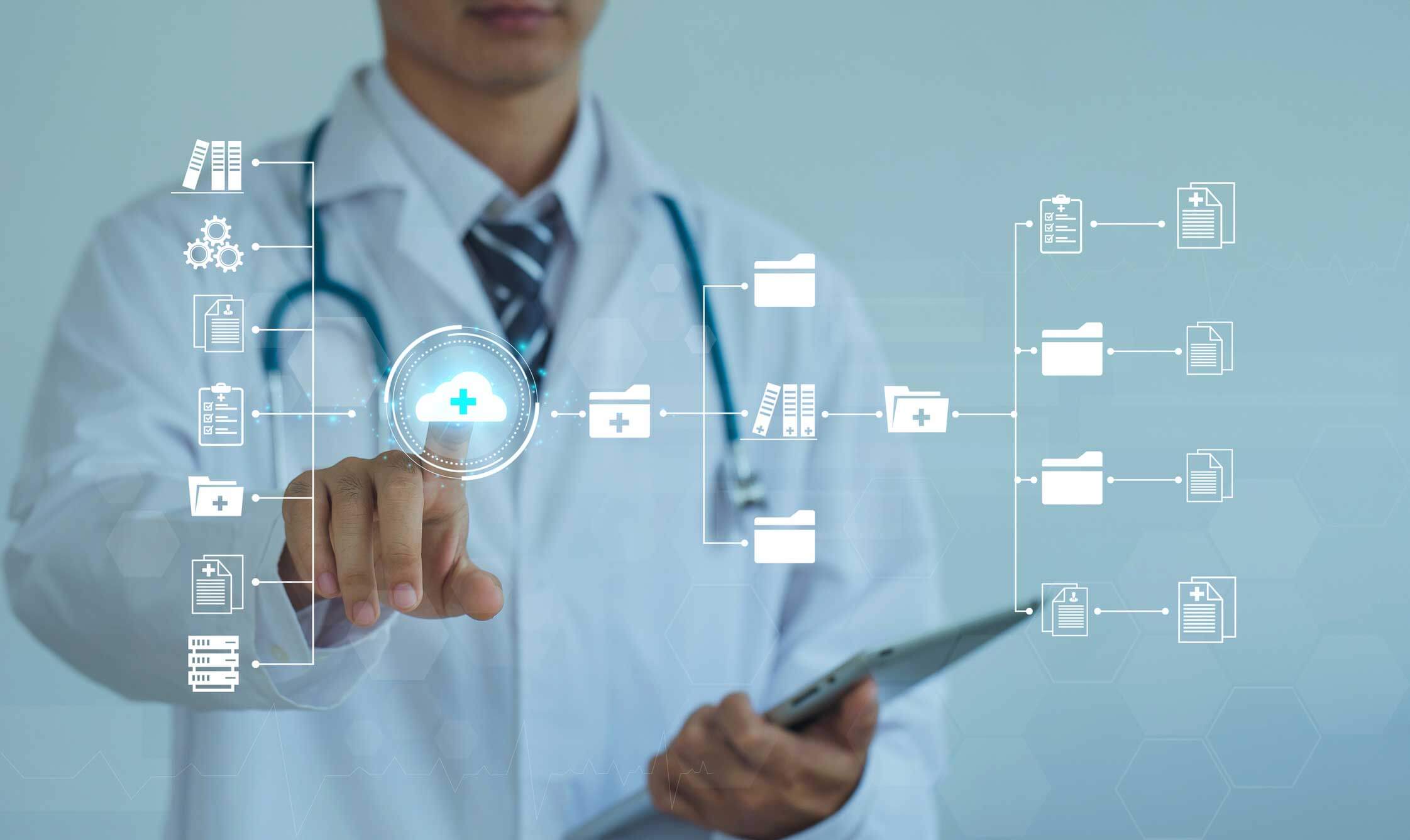 Doctor touch on virtual screens to access electronic databases and documents.