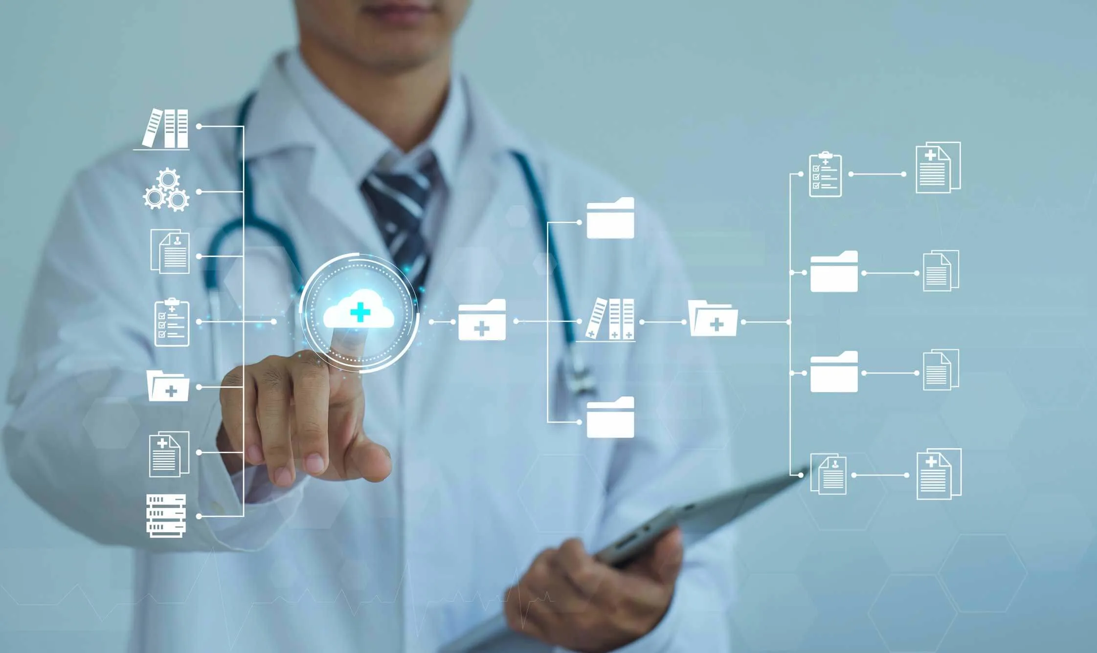 Doctor touch on virtual screens to access electronic databases and documents.