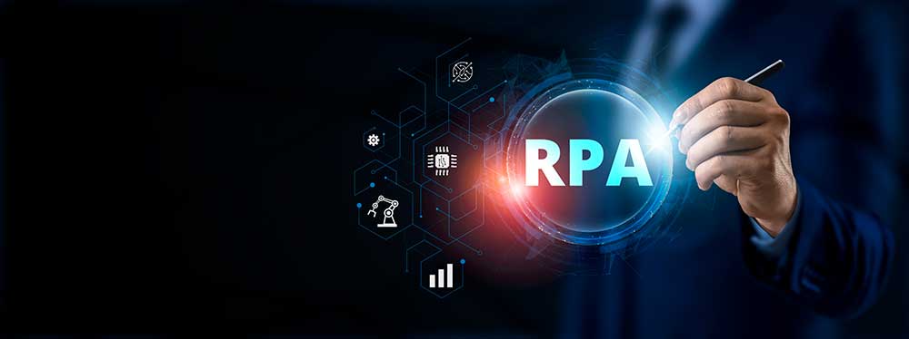 RPA Robotic Process Automation. Revolutionary Technology Concept Reshaping Business Dynamics. Big Data and Innovation on the Virtual Screen.