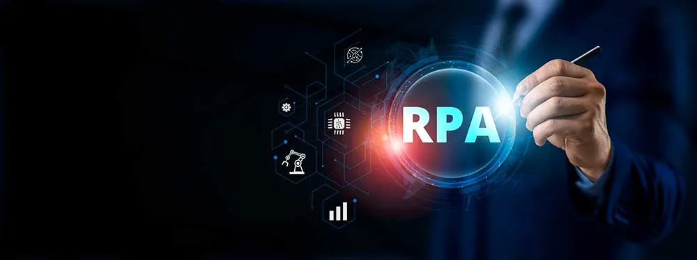 RPA Robotic Process Automation. Revolutionary Technology Concept Reshaping Business Dynamics. Big Data and Innovation on the Virtual Screen.