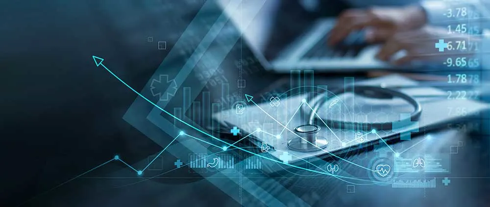 Healthcare business graph and data of Medical business growth, Businessman analyzing data and growth chart, investment, financial and banking, Medical business report on global network.