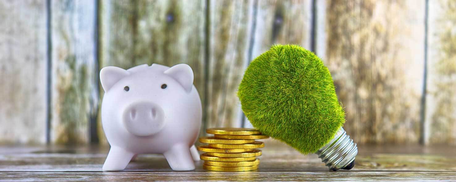 Piggy bank, green eco light bulb with grass and golden coins on wooden background. Renewable energy concept. Electricity prices, energy saving in the household.