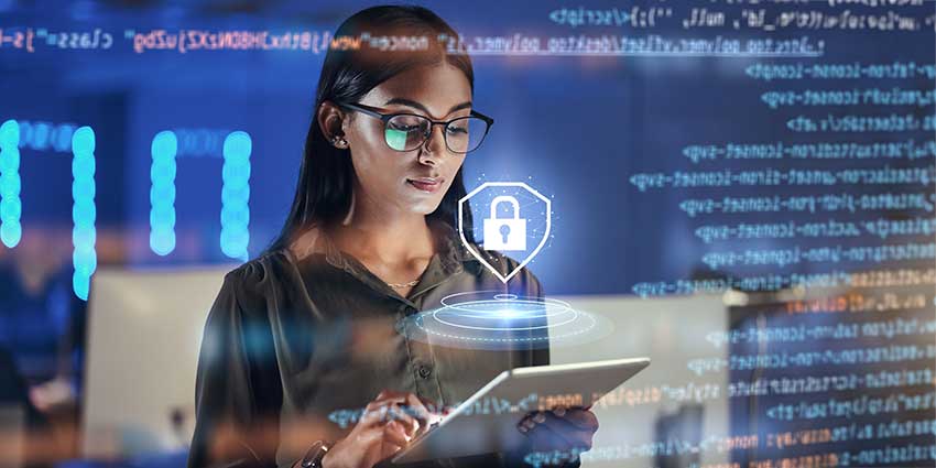Lock hologram, tablet and woman with data analysis safety, software overlay and cyber security coding at night. Html, script and indian person reading with digital technology and networking research