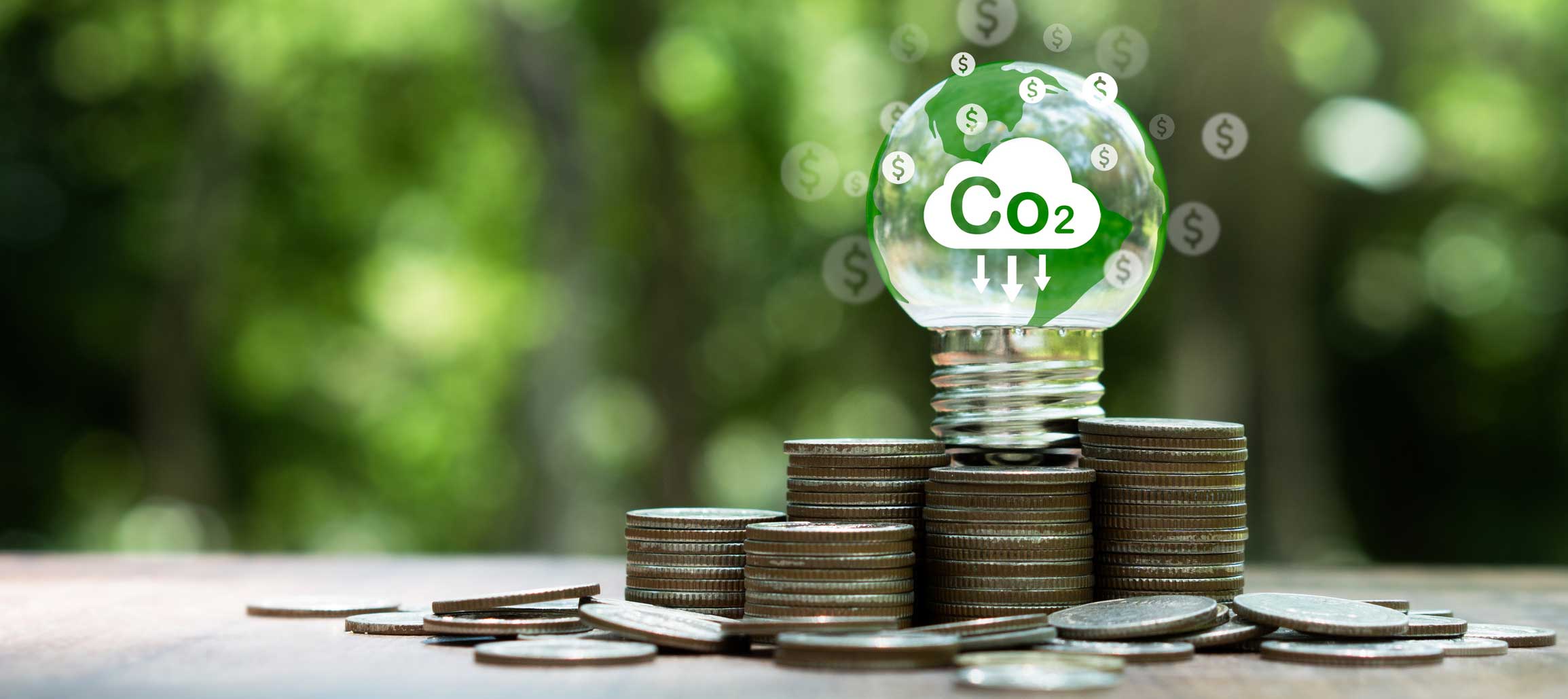 Carbon credit and tax concept.light bulb with Co2 credits,tax icon.Legal regulation to reduce greenhouse gas emission and atmosphere air pollution.