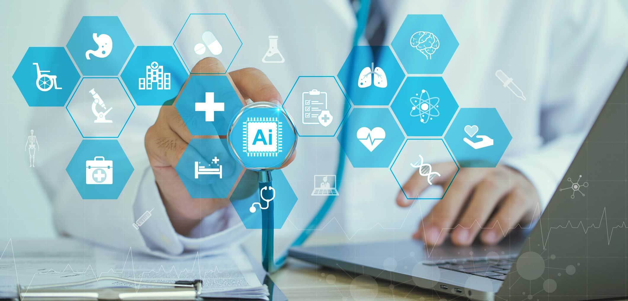 Medical technology, Doctors with stethoscopes, and Ai icon medical AI technology is utilized by doctors for diagnosing increasing the accuracy of patient treatments. Future of Healthcare.